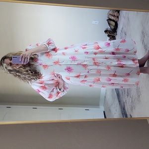 Newbury Street eShakti White Sheer Floral Dress With Pink Flowers Plus Size 1X